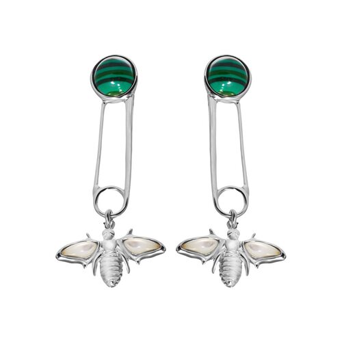 Серьги "Мотыльки" с малахитом и перламутром из серебра 925 пробы
