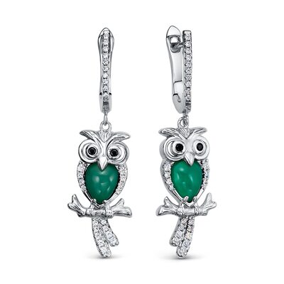 Серьги "Совы" с агатом и фианитами из серебра 925 пробы