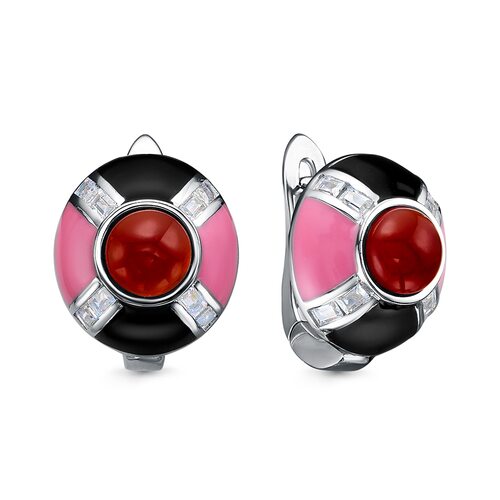 Серьги с агатом, эмалью и фианитами из серебра 925 пробы