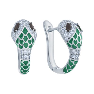 Серьги "Змея" с фианитами и эмалью из серебра 925 пробы