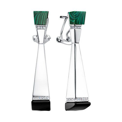 Серьги с малахитом, ониксом и фианитами из серебра 925 пробы