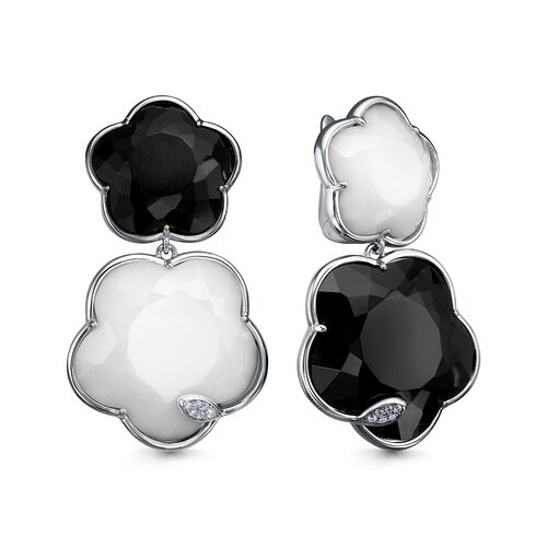 Серьги "Цветы" с ониксом, агатом и фианитами из серебра 925 пробы