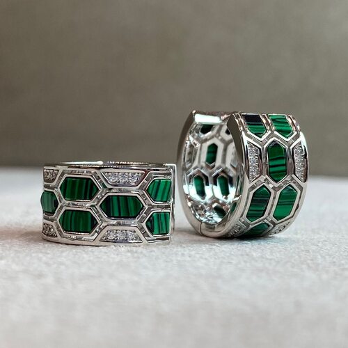 Серьги с фианитами и малахитом из серебра 925 пробы