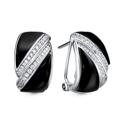 Серьги с ониксом и фианитами из серебра 925 пробы