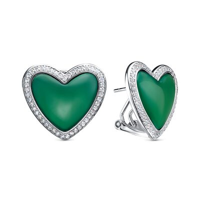 Серьги "Сердце" с агатом и фианитами из серебра 925 пробы