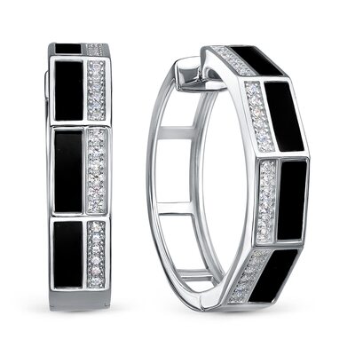 Серьги с ониксом и фианитами из серебра 925 пробы