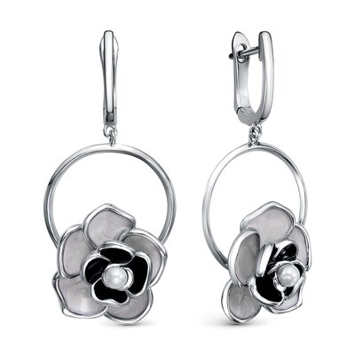 Серьги "Цветы" с жемчугом и эмалью из серебра 925 пробы