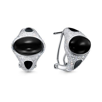 Серьги с ониксом, эмалью и фианитами из серебра 925 пробы