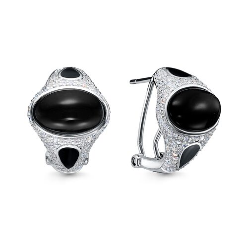 Серьги с ониксом, эмалью и фианитами из серебра 925 пробы