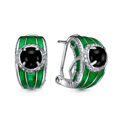 Серьги с ониксом, эмалью и фианитами из серебра 925 пробы