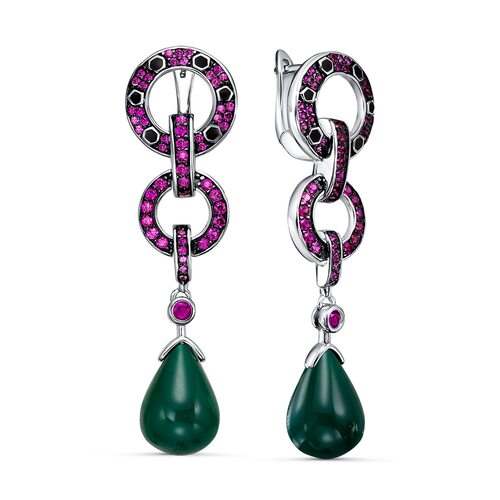 Серьги с корундами, агатом и эмалью из серебра 925 пробы