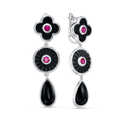 Серьги  "Цветы" с ониксом и корундами из серебра 925 пробы
