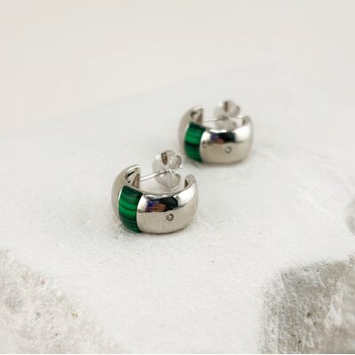 Серьги с малахитом и фианитами из серебра 925 пробы