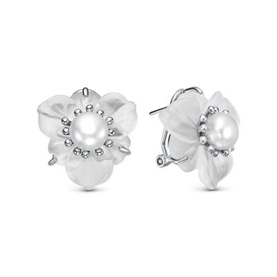 Серьги "Цветы" с жемчугом и кварцем из серебра 925 пробы