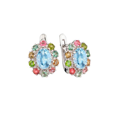 Серьги с аквамаринами и турмалинами из серебра 925 пробы