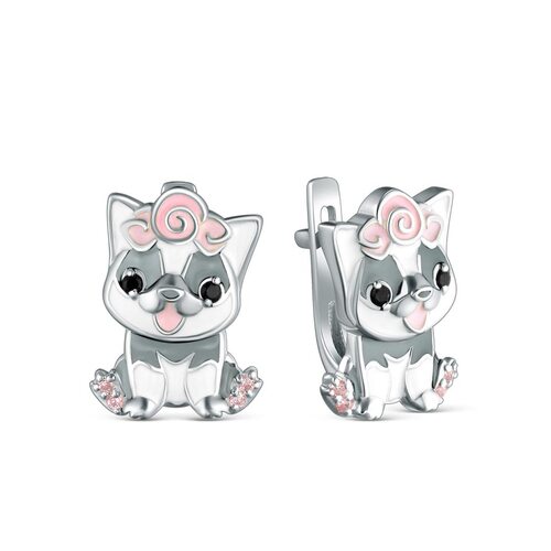 Серьги "Собачки" с эмалью и фианитами из серебра 925 пробы