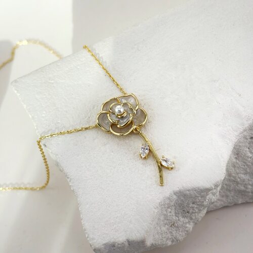 Колье "Цветок" с фианитами и эмалью из серебра 925 пробы с позолотой арт. SN40492-BY