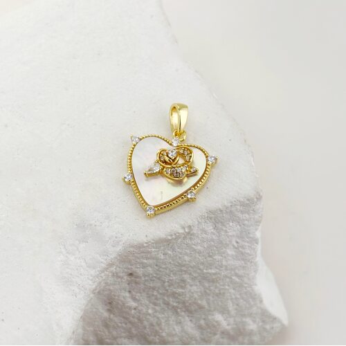 Подвеска "Сердце и цветок" с фианитами и перламутром из серебра 925 пробы с позолотой