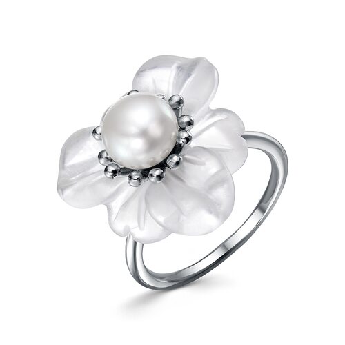 Кольцо "Цветок" с жемчугом и кварцем из серебра 925 пробы