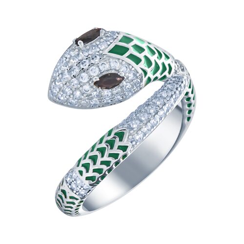 Кольцо "Змея" с фианитами и эмалью из серебра 925 пробы