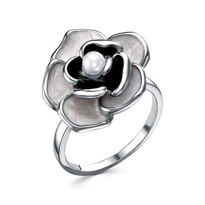 Кольцо "Цветок" с жемчугом и эмалью из серебра 925 пробы