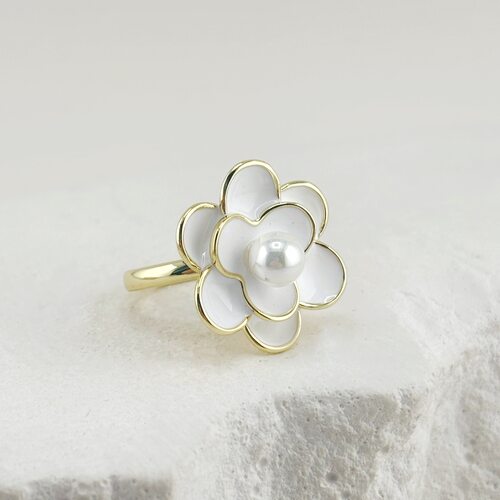 Кольцо "Цветок" с перламутром и эмалью из серебра 925 пробы с позолотой