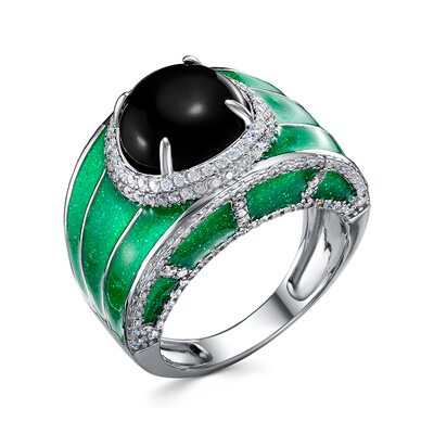 Кольцо с ониксом, эмалью и фианитами из серебра 925 пробы