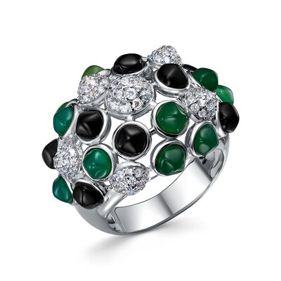 Кольцо с агатом, ониксом и фианитами из серебра 925 пробы