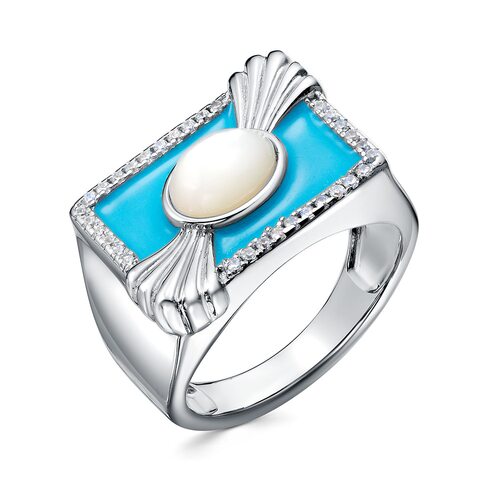 Кольцо с перламутром, фианитами и эмалью из серебра 925 пробы