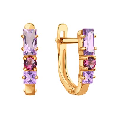 Серьги с аметистом и родолитом из золота 585 пробы