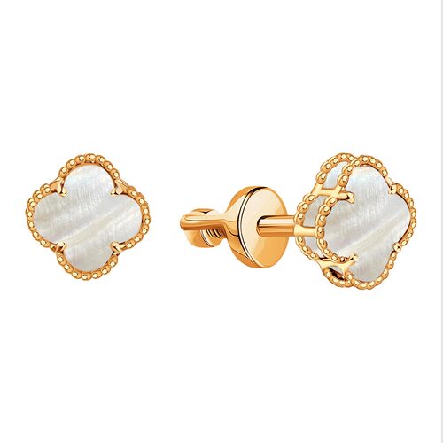 Пуссеты "Клевера" с перламутром из золота 585 пробы