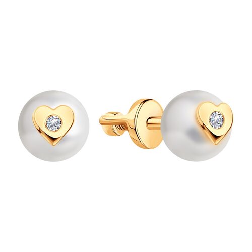 Серьги "Сердца" с жемчугом и фианитами из золота 585 пробы