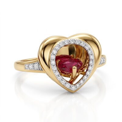 Кольцо "Сердце" с танцующим рубином и бриллиантами из золота 585 пробы