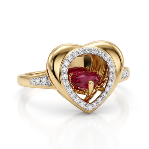 Кольцо "Сердце" с танцующим рубином и бриллиантами из золота 585 пробы