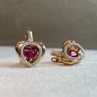 Серьги "Сердца" с танцующими рубинами и бриллиантами из золота 585 пробы