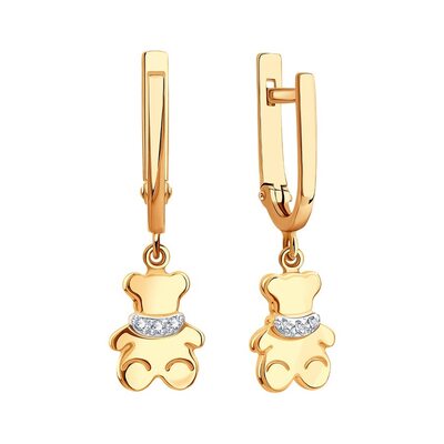 Серьги "Мишки" с фианитами из золота 585 пробы