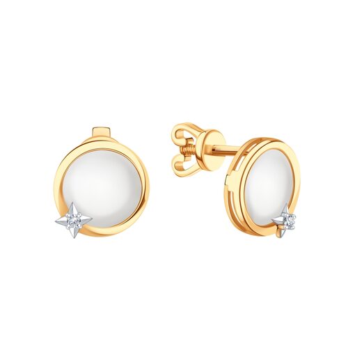 Серьги с перламутром и фианитами из золота 585 пробы