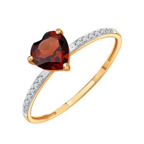 Кольцо "Сердце" с гранатом и фианитами из золота 585 пробы