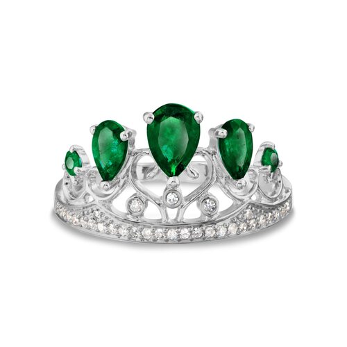 Кольцо "Корона" с бриллиантами и изумрудами из белого золота 585 пробы