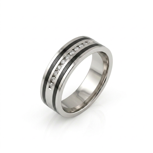 Кольцо обручальное с бриллиантами и керамикой из белого золота 585 пробы