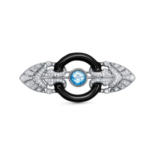 Брошь с топазом, ониксом и фианитами из серебра 925 пробы