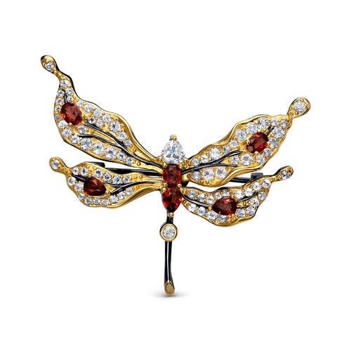 Брошь "Стрекоза" с гранатами и топазами из серебра 925 пробы