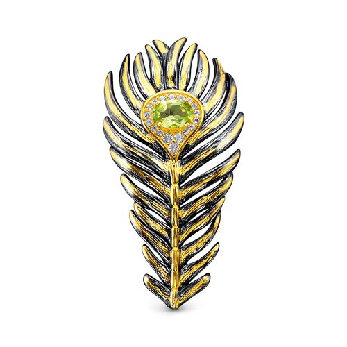 Брошь "Перо" с перидотом и топазом из серебра 925 пробы с позолотой