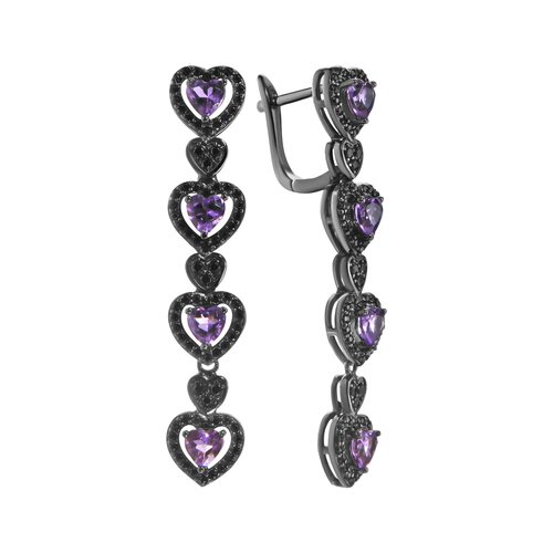 Серьги "Сердца" с аметистами и шпинелью из серебра 925 пробы