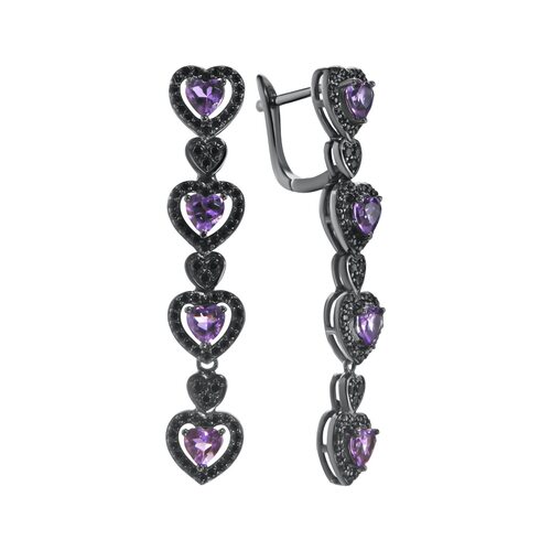 Серьги "Сердца" с аметистами и шпинелью из серебра 925 пробы