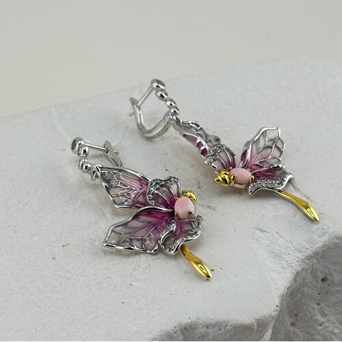 Серьги "Бабочки" с топазами, перламутром и эмалью из серебра 925 пробы