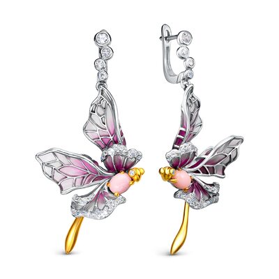 Серьги "Бабочки" с топазами, перламутром и эмалью из серебра 925 пробы с позолотой