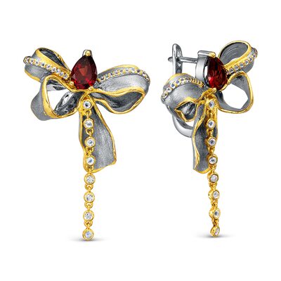 Серьги "Банты" с гранатами и топазами из серебра 925 пробы