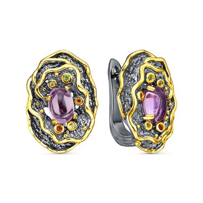 Серьги с аметистом, перидотом и гранатом из серебра 925 пробы с позолотой