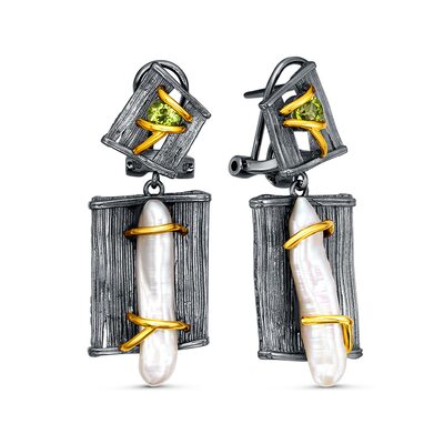 Серьги с барочным жемчугом и перидотом из серебра 925 пробы с позолотой